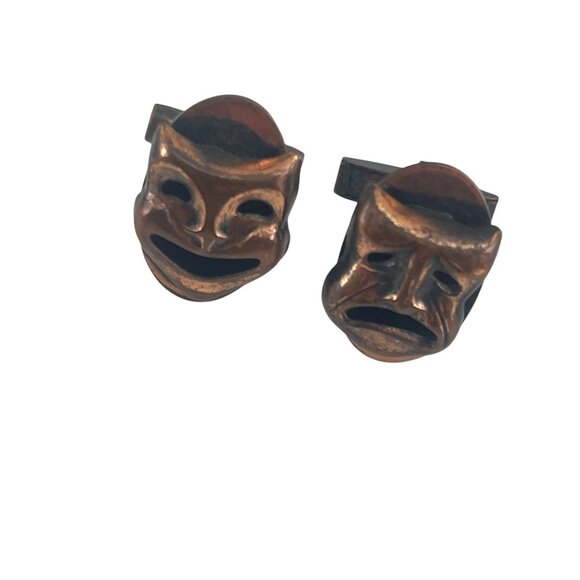 Vintage Copper Comedy & Tragedy Theater Mask Cufflinks 1'' Mens Jewelry - Picture 2 of 6